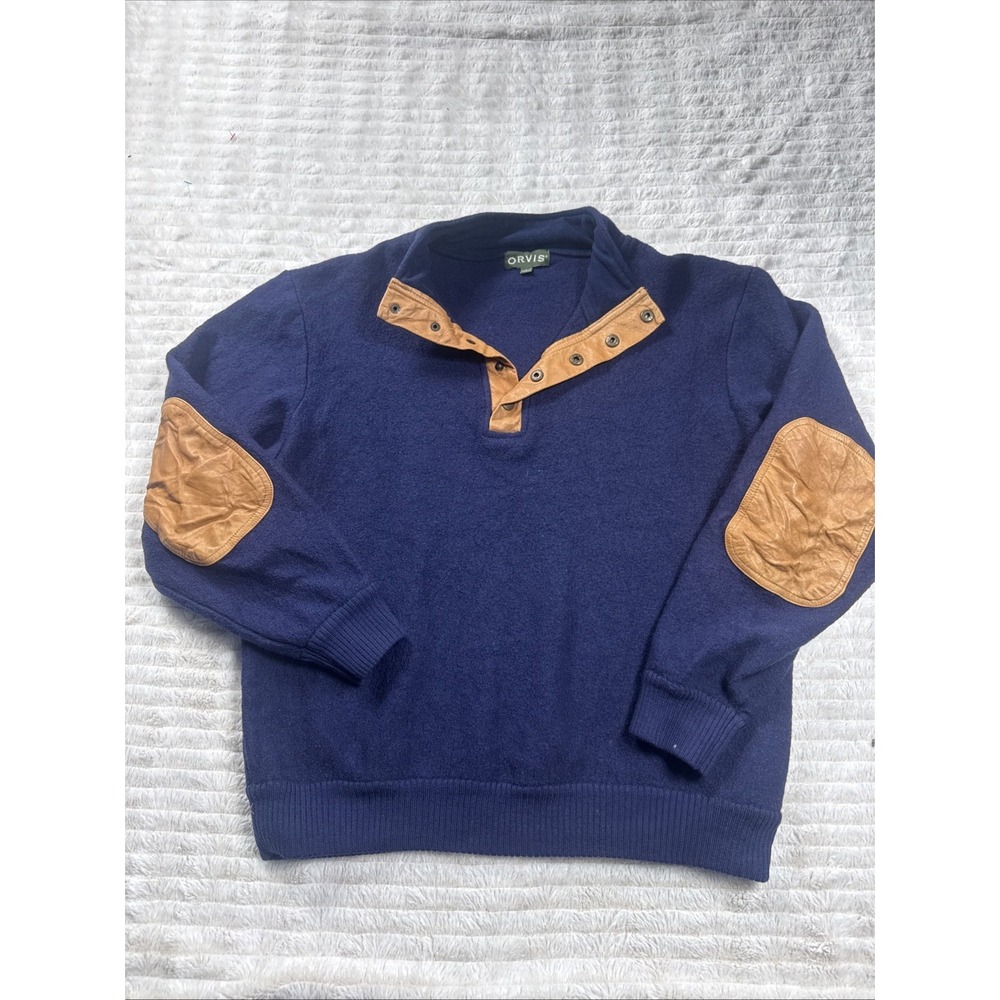 Orvis Vintage 100% Wool T‎ Snap Sweater L Leather Elbow Patch Pullover Blue